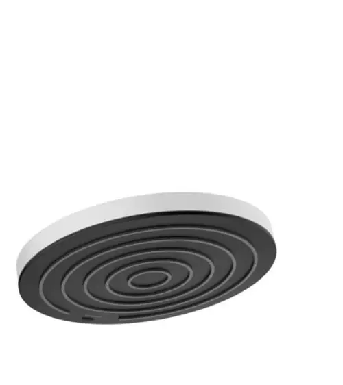 Runde Kopfbrause in mattem Weiß mit spiralförmigem Design, hergestellt von Hansgrohe. Oberflächenstruktur und Anschlussöffnung sind sichtbar.